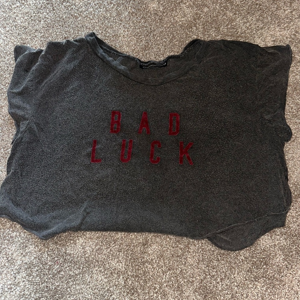Gray Crop Top with Red 'Bad Luck' Print